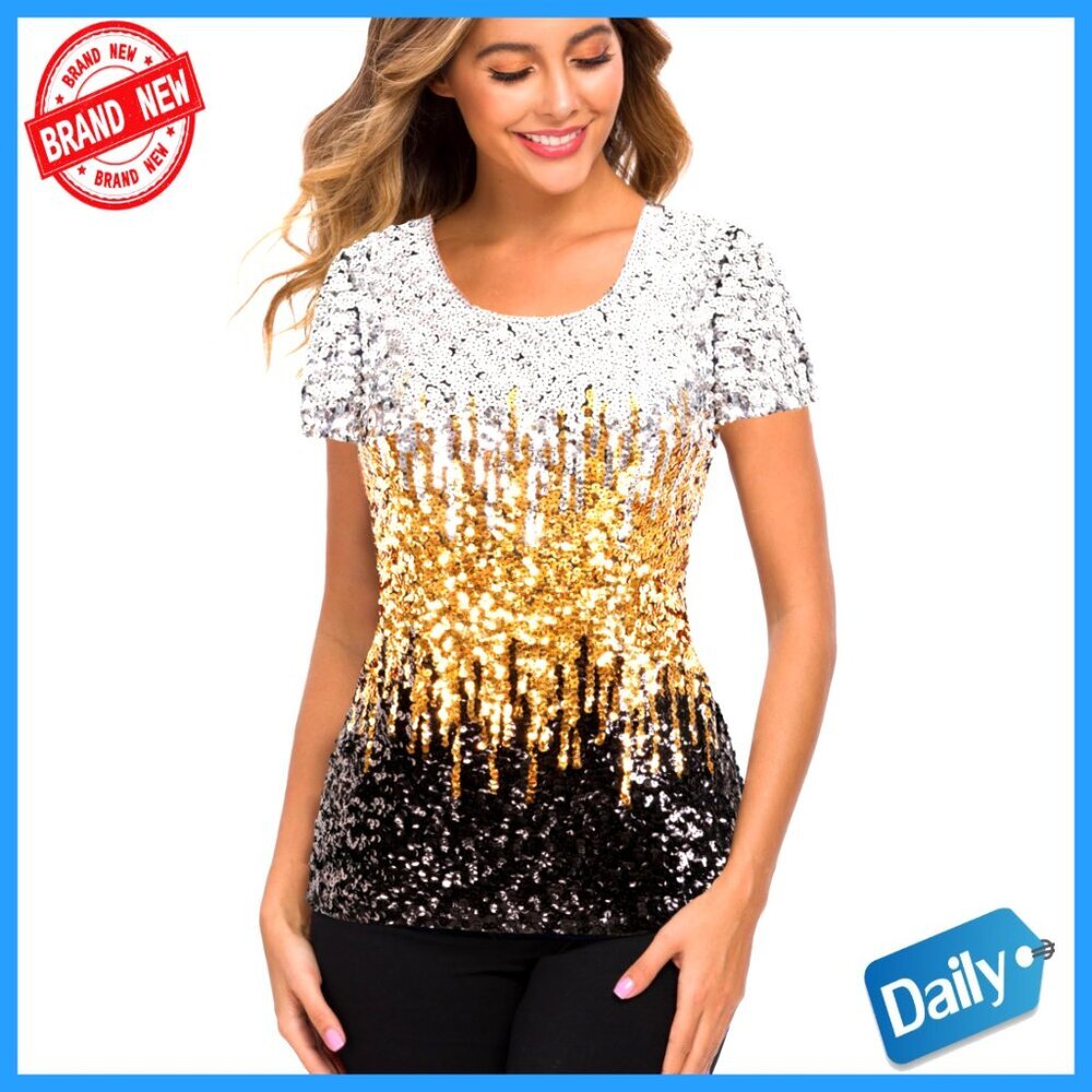 Full Sequin Top Glitter Party Shirt Sparkle Blouse Elegant Performance Wear